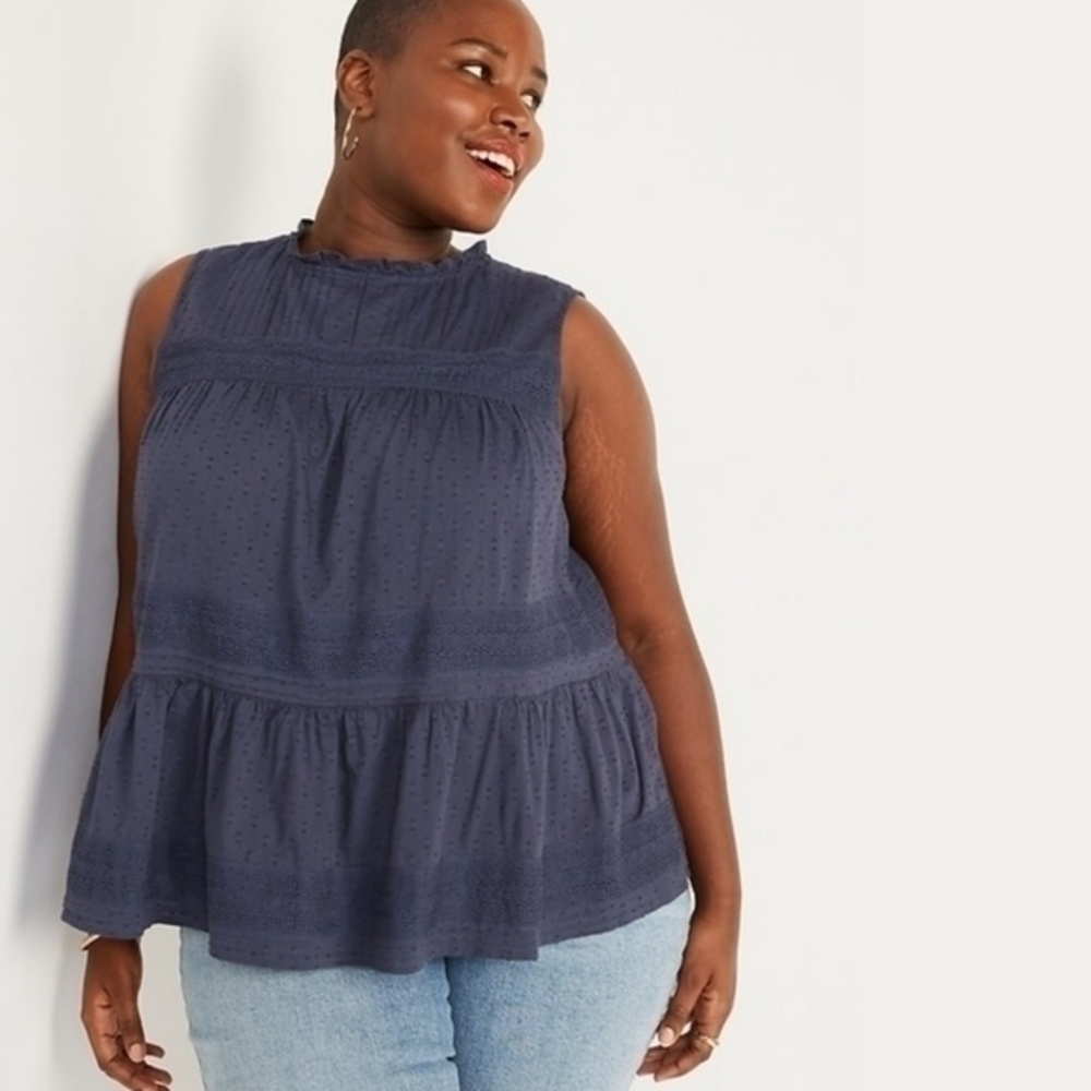 Old Navy Women's Blue Cotton Sleeveless Lace Trim Clip Dot Swing Blouse XL Tall